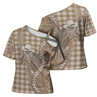 Beige Hawaii Palaka Cowboy Turtle Cross Shoulder Shirt Hawaiian Paniolo Puakenikeni Maile Lei - Polynesian Pride
