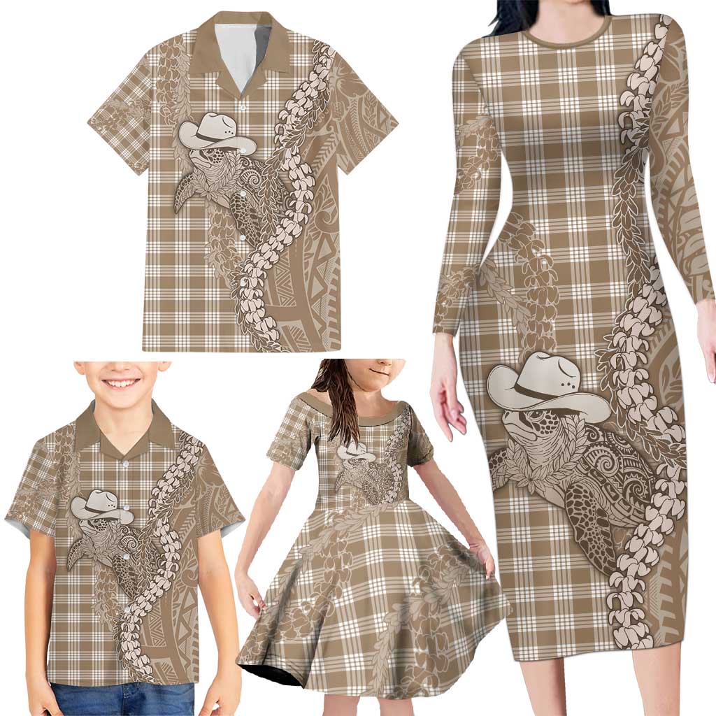 Beige Hawaii Palaka Cowboy Turtle Family Matching Long Sleeve Bodycon Dress and Hawaiian Shirt Hawaiian Paniolo Puakenikeni Maile Lei - Polynesian Pride