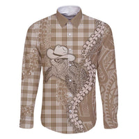 Beige Hawaii Palaka Cowboy Turtle Family Matching Long Sleeve Bodycon Dress and Hawaiian Shirt Hawaiian Paniolo Puakenikeni Maile Lei - Polynesian Pride