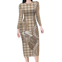 Beige Hawaii Palaka Cowboy Turtle Family Matching Long Sleeve Bodycon Dress and Hawaiian Shirt Hawaiian Paniolo Puakenikeni Maile Lei - Polynesian Pride
