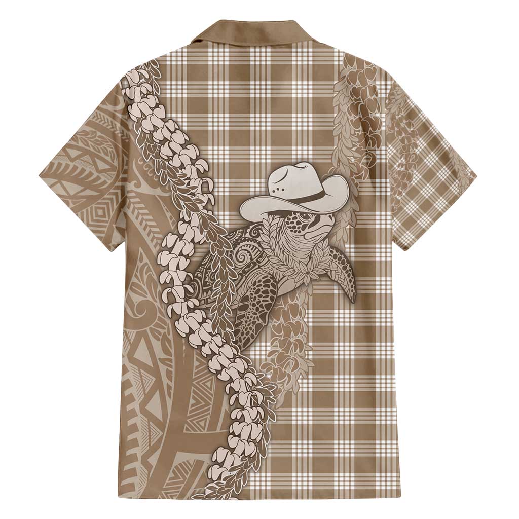 Beige Hawaii Palaka Cowboy Turtle Family Matching Off Shoulder Short Dress and Hawaiian Shirt Hawaiian Paniolo Puakenikeni Maile Lei - Polynesian Pride
