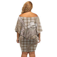 Beige Hawaii Palaka Cowboy Turtle Family Matching Off Shoulder Short Dress and Hawaiian Shirt Hawaiian Paniolo Puakenikeni Maile Lei - Polynesian Pride
