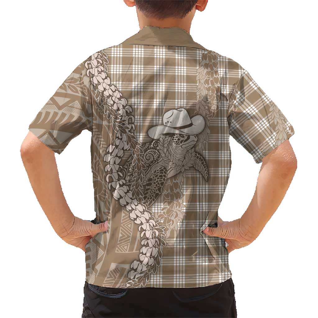Beige Hawaii Palaka Cowboy Turtle Family Matching Puletasi and Hawaiian Shirt Hawaiian Paniolo Puakenikeni Maile Lei DT05 - Polynesian Pride