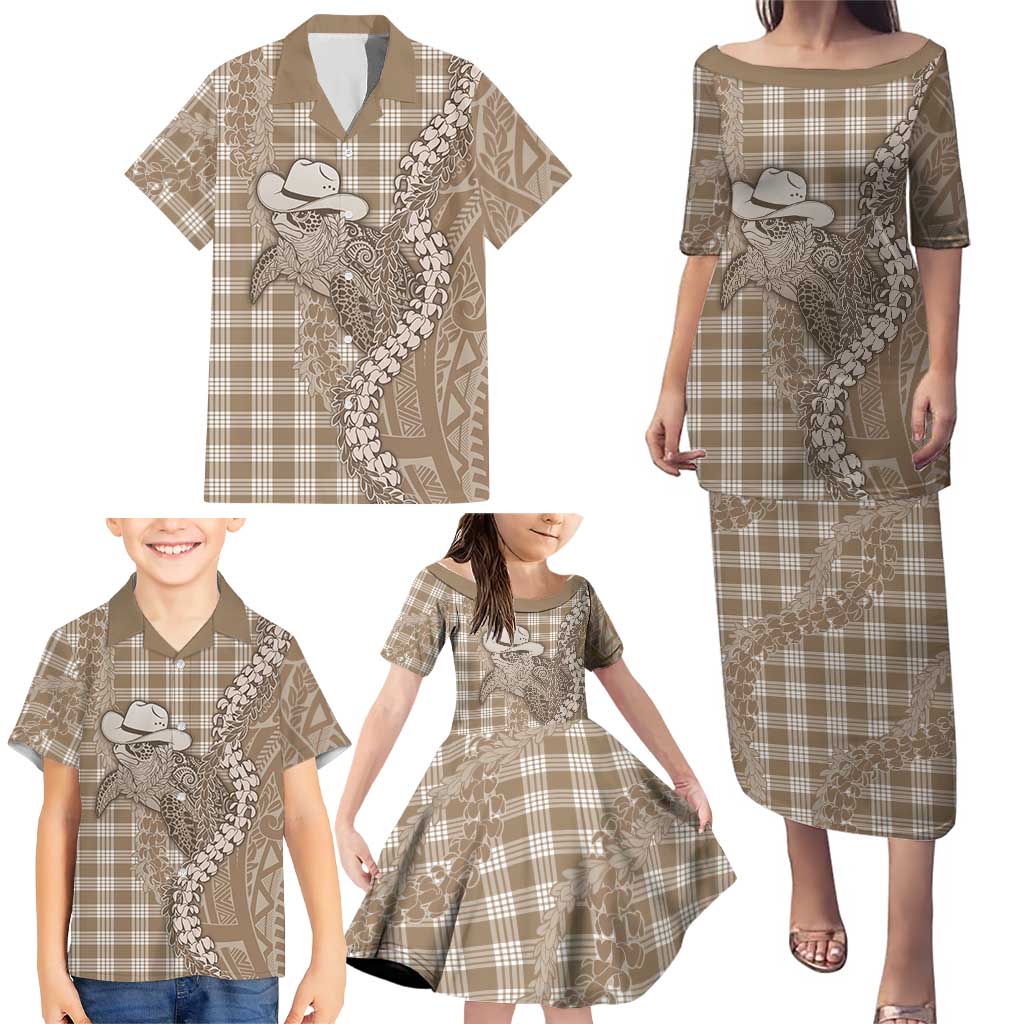 Beige Hawaii Palaka Cowboy Turtle Family Matching Puletasi and Hawaiian Shirt Hawaiian Paniolo Puakenikeni Maile Lei - Polynesian Pride