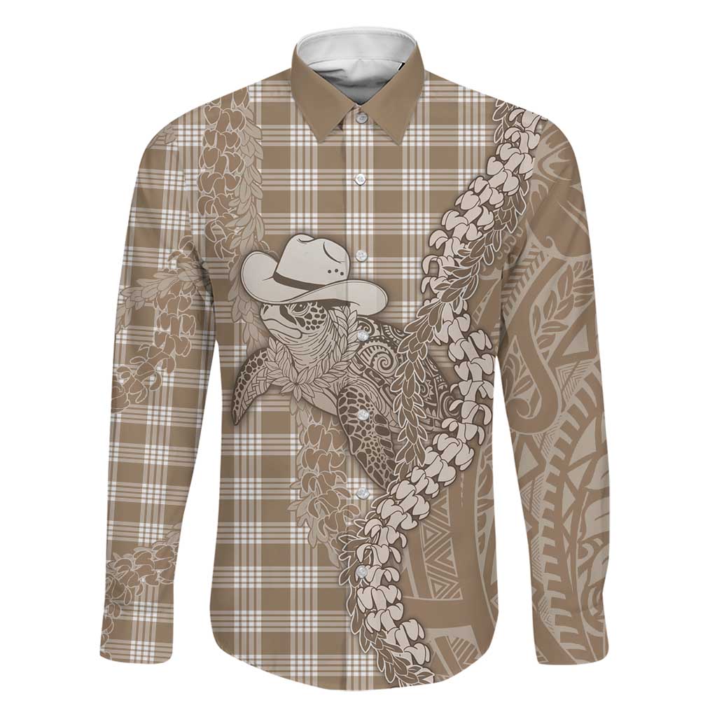 Beige Hawaii Palaka Cowboy Turtle Family Matching Puletasi and Hawaiian Shirt Hawaiian Paniolo Puakenikeni Maile Lei DT05 Dad's Shirt - Long Sleeve Beige - Polynesian Pride