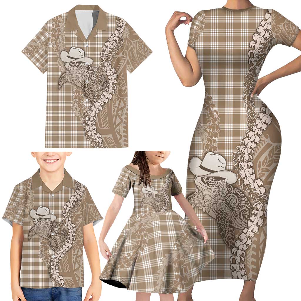 Beige Hawaii Palaka Cowboy Turtle Family Matching Short Sleeve Bodycon Dress and Hawaiian Shirt Hawaiian Paniolo Puakenikeni Maile Lei - Polynesian Pride