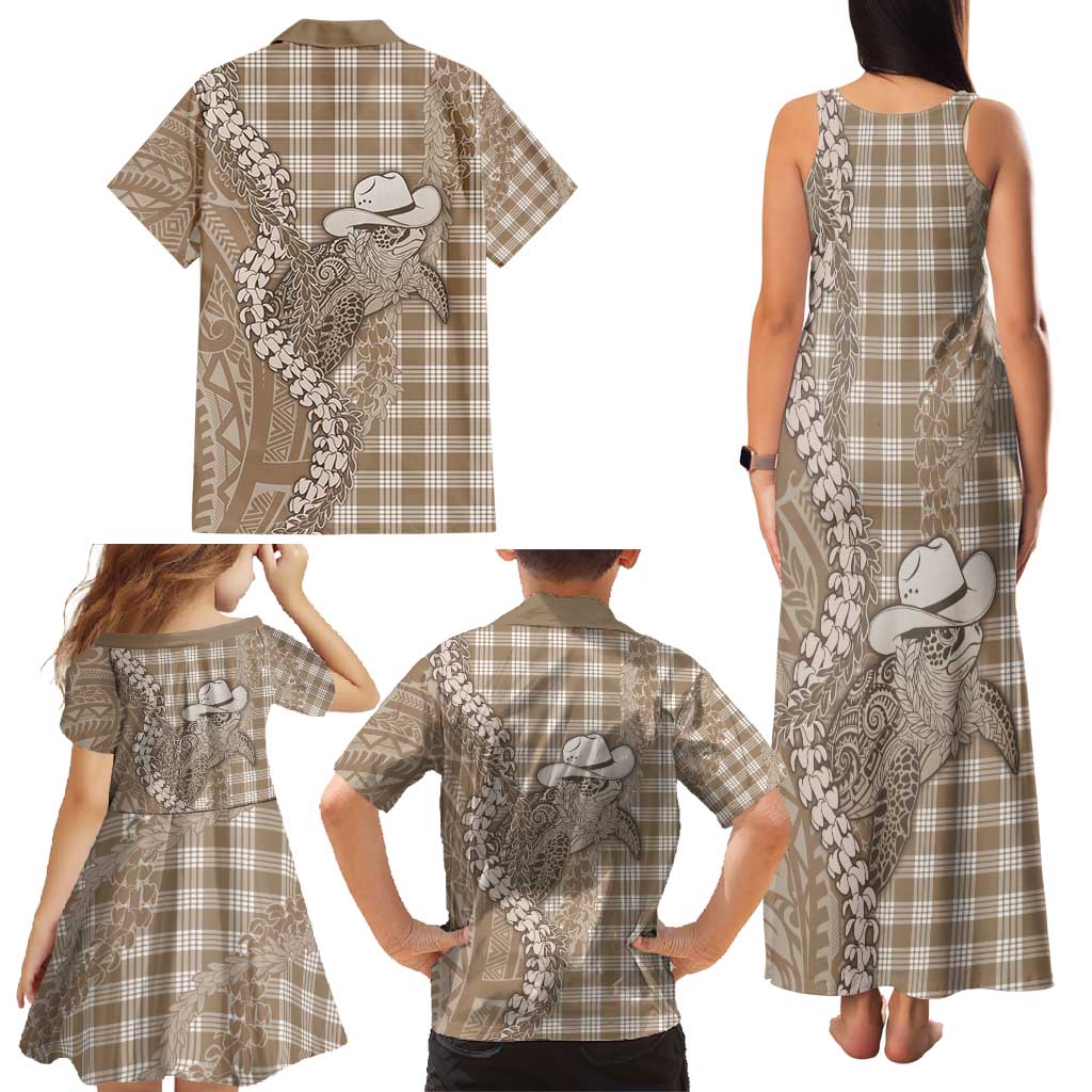 Beige Hawaii Palaka Cowboy Turtle Family Matching Tank Maxi Dress and Hawaiian Shirt Hawaiian Paniolo Puakenikeni Maile Lei - Polynesian Pride