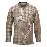 Beige Hawaii Palaka Cowboy Turtle Hockey Jersey Hawaiian Paniolo Puakenikeni Maile Lei - Polynesian Pride