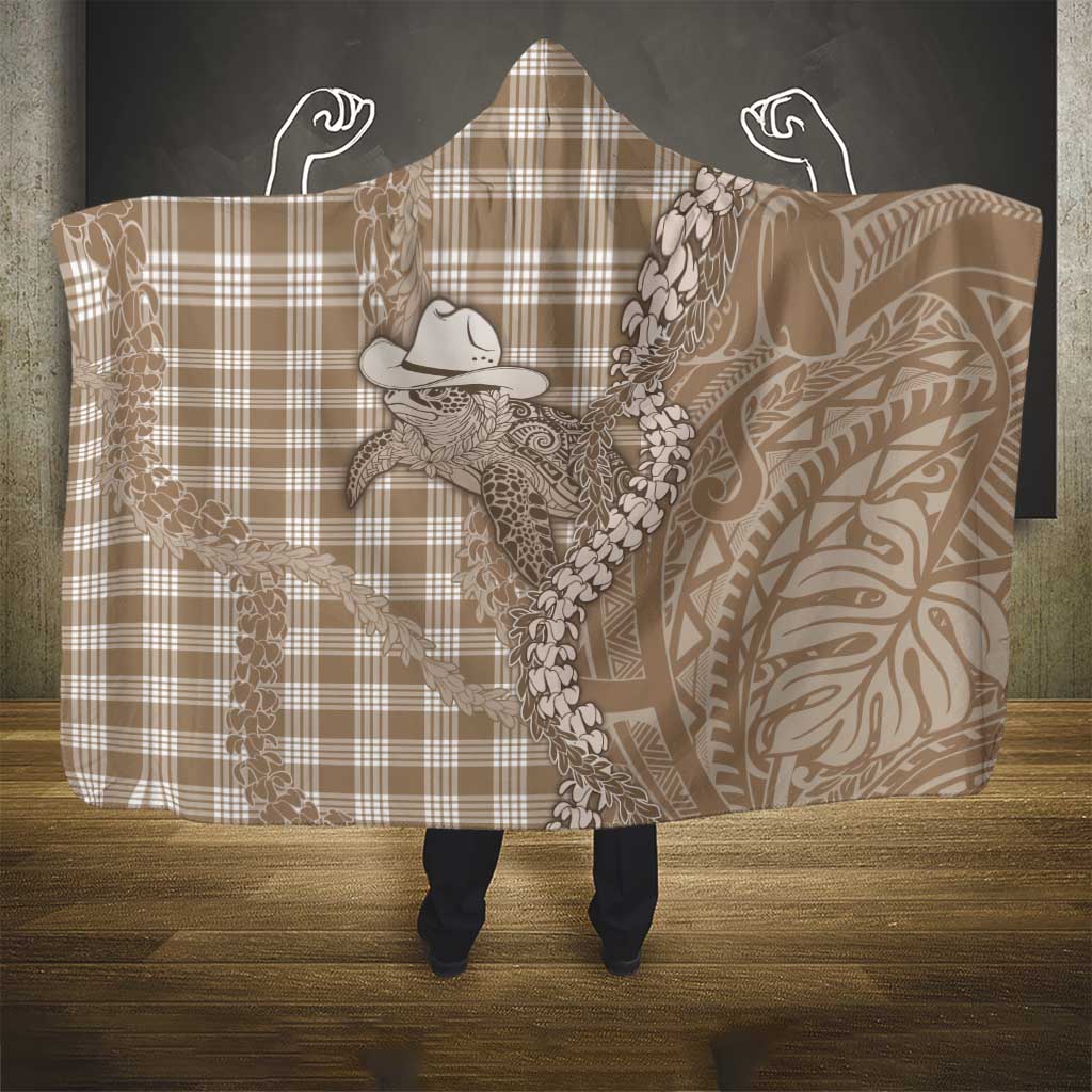 Beige Hawaii Palaka Cowboy Turtle Hooded Blanket Hawaiian Paniolo Puakenikeni Maile Lei - Polynesian Pride
