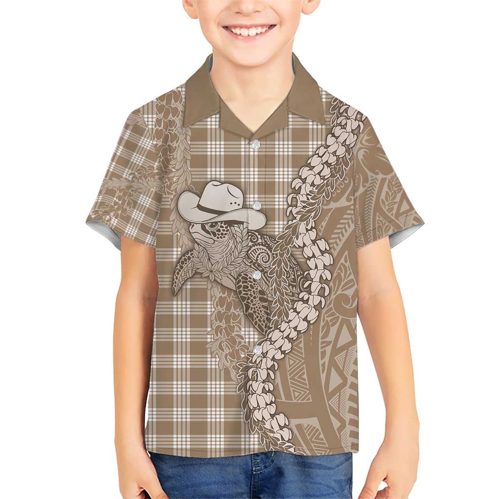 Beige Hawaii Palaka Cowboy Turtle Kid Hawaiian Shirt Hawaiian Paniolo Puakenikeni Maile Lei - Polynesian Pride