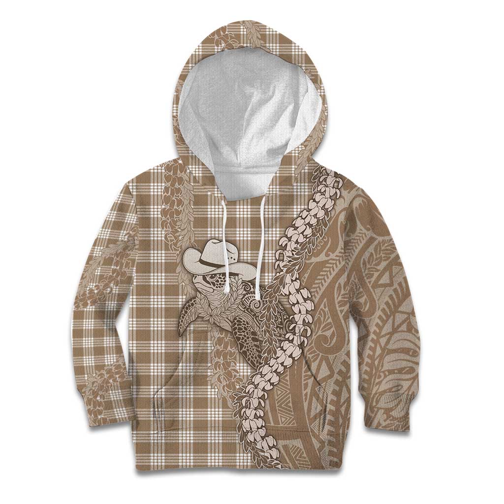 Beige Hawaii Palaka Cowboy Turtle Kid Hoodie Hawaiian Paniolo Puakenikeni Maile Lei - Polynesian Pride