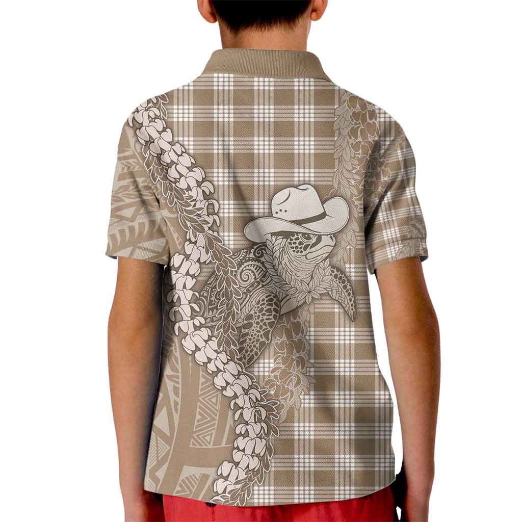 Beige Hawaii Palaka Cowboy Turtle Kid Polo Shirt Hawaiian Paniolo Puakenikeni Maile Lei - Polynesian Pride