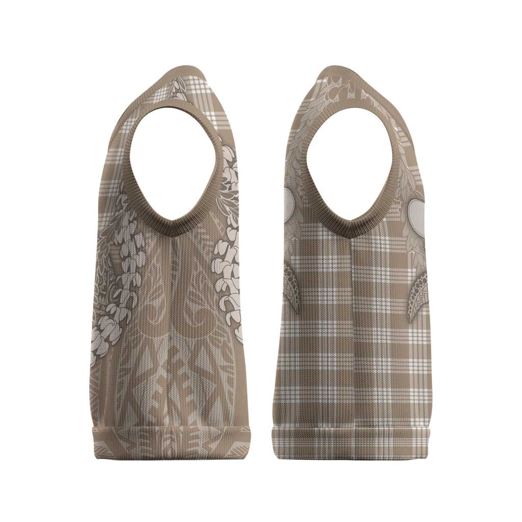 Beige Hawaii Palaka Cowboy Turtle Christmas Knitted V-Neck Vest Hawaiian Paniolo Puakenikeni Maile Lei - Polynesian Pride
