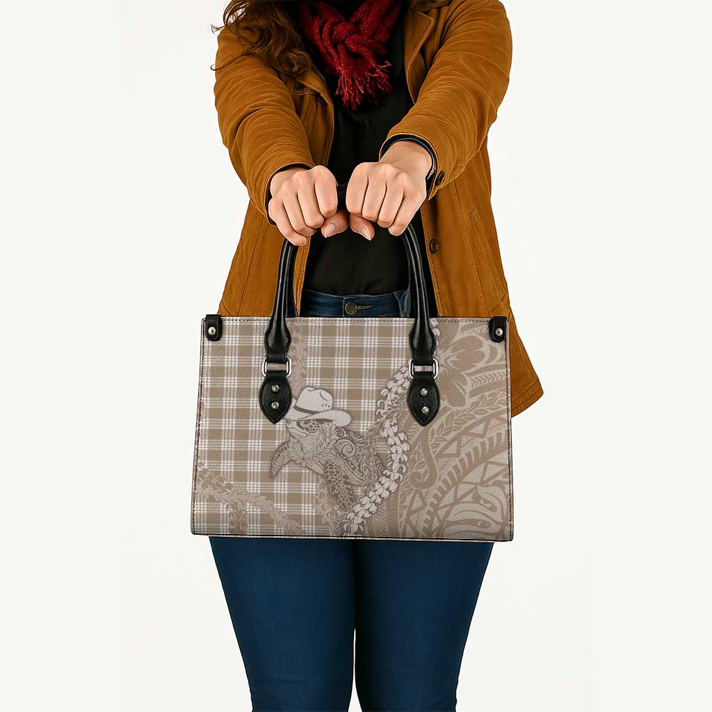 Beige Hawaii Palaka Cowboy Turtle Leather Bag Hawaiian Paniolo Puakenikeni Maile Lei - Polynesian Pride