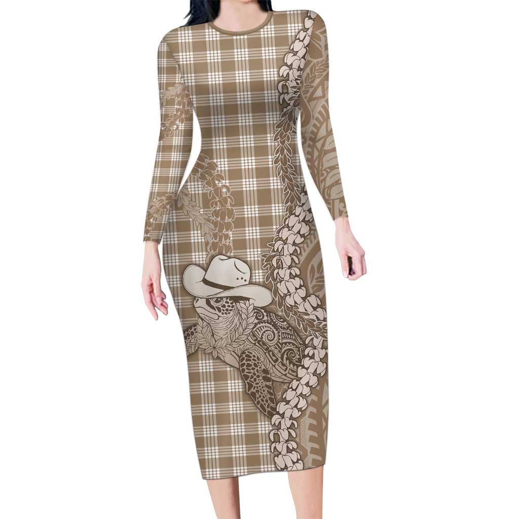 Beige Hawaii Palaka Cowboy Turtle Long Sleeve Bodycon Dress Hawaiian Paniolo Puakenikeni Maile Lei - Polynesian Pride