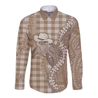 Beige Hawaii Palaka Cowboy Turtle Long Sleeve Button Shirt Hawaiian Paniolo Puakenikeni Maile Lei - Polynesian Pride
