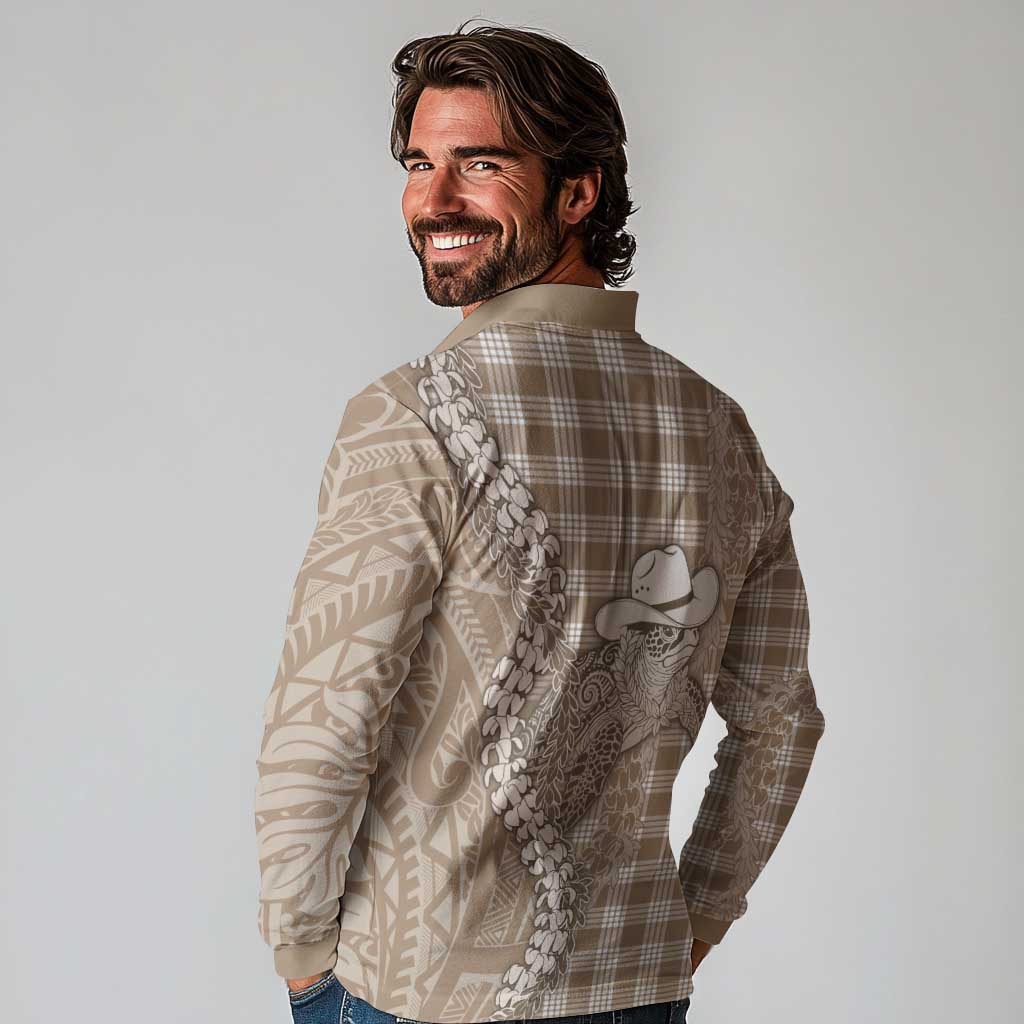 Beige Hawaii Palaka Cowboy Turtle Long Sleeve Polo Shirt Hawaiian Paniolo Puakenikeni Maile Lei - Polynesian Pride