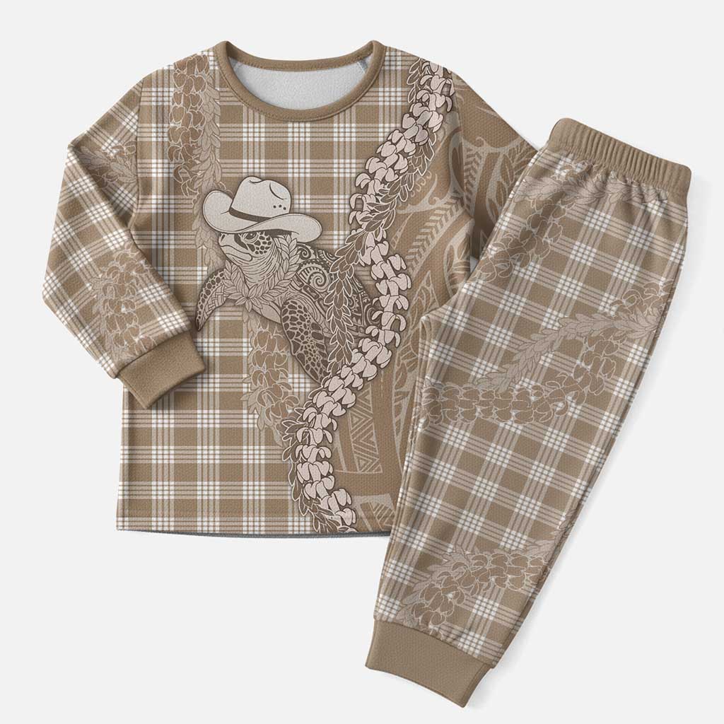 Beige Hawaii Palaka Cowboy Turtle Christmas Pajama Set Hawaiian Paniolo Puakenikeni Maile Lei - Polynesian Pride