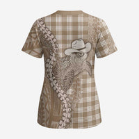 Beige Hawaii Palaka Cowboy Turtle Scrub Top Hawaiian Paniolo Puakenikeni Maile Lei - Polynesian Pride