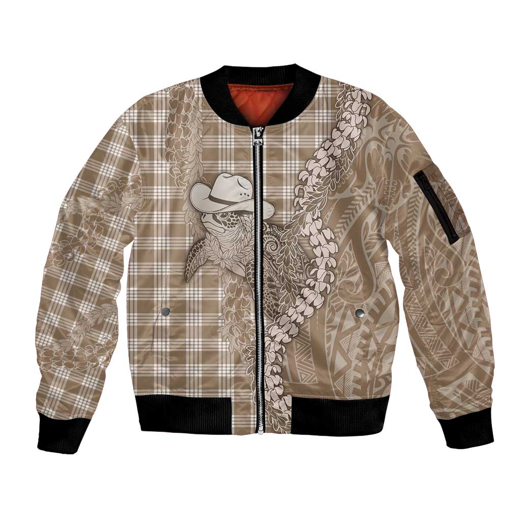 Beige Hawaii Palaka Cowboy Turtle Sleeve Zip Bomber Jacket Hawaiian Paniolo Puakenikeni Maile Lei - Polynesian Pride