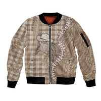 Beige Hawaii Palaka Cowboy Turtle Sleeve Zip Bomber Jacket Hawaiian Paniolo Puakenikeni Maile Lei - Polynesian Pride