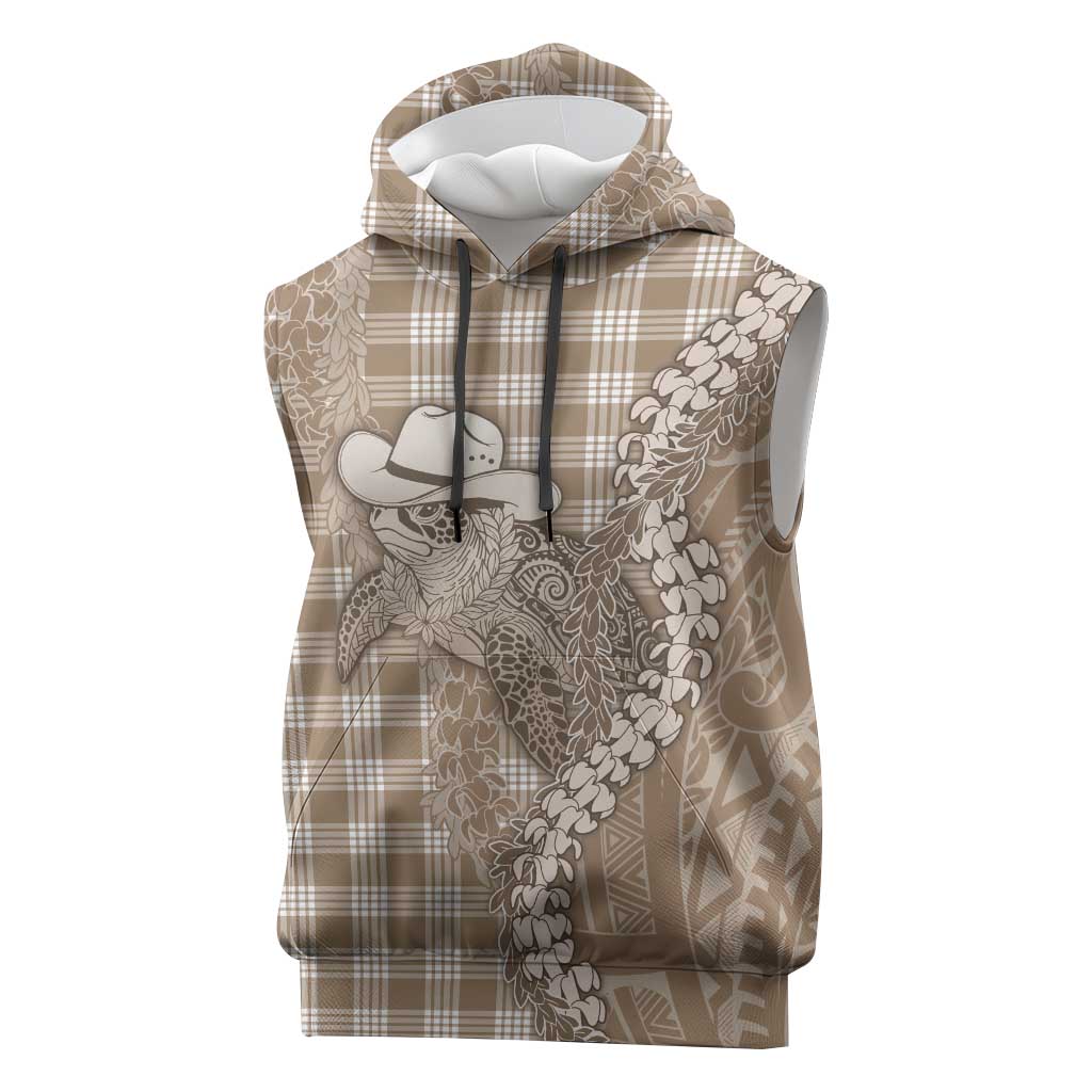 Beige Hawaii Palaka Cowboy Turtle Sleeveless Hoodie Hawaiian Paniolo Puakenikeni Maile Lei - Polynesian Pride