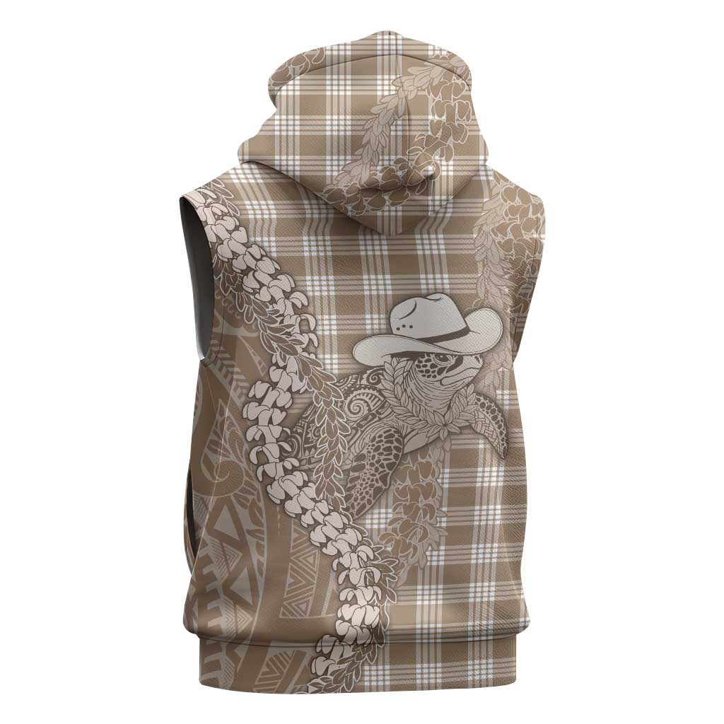 Beige Hawaii Palaka Cowboy Turtle Sleeveless Hoodie Hawaiian Paniolo Puakenikeni Maile Lei - Polynesian Pride