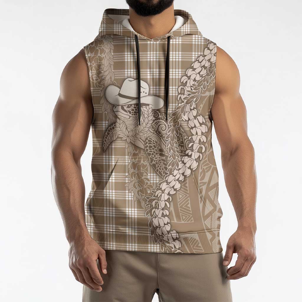Beige Hawaii Palaka Cowboy Turtle Sleeveless Hoodie Hawaiian Paniolo Puakenikeni Maile Lei - Polynesian Pride