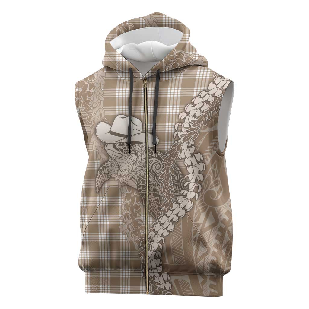 Beige Hawaii Palaka Cowboy Turtle Sleeveless Zip Hoodie Hawaiian Paniolo Puakenikeni Maile Lei DT05