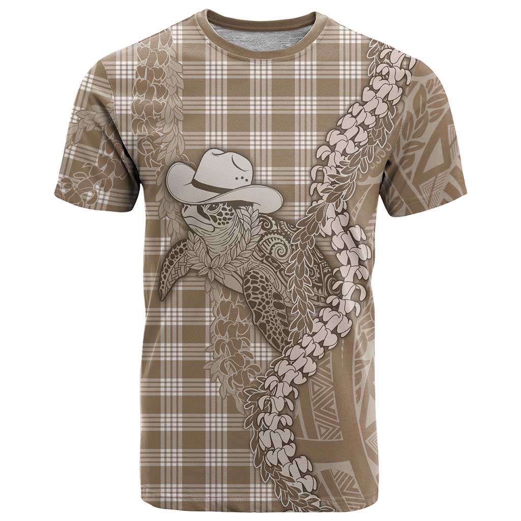 Beige Hawaii Palaka Cowboy Turtle T Shirt Hawaiian Paniolo Puakenikeni Maile Lei - Polynesian Pride