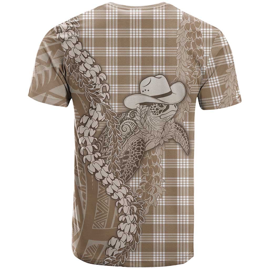 Beige Hawaii Palaka Cowboy Turtle T Shirt Hawaiian Paniolo Puakenikeni Maile Lei - Polynesian Pride