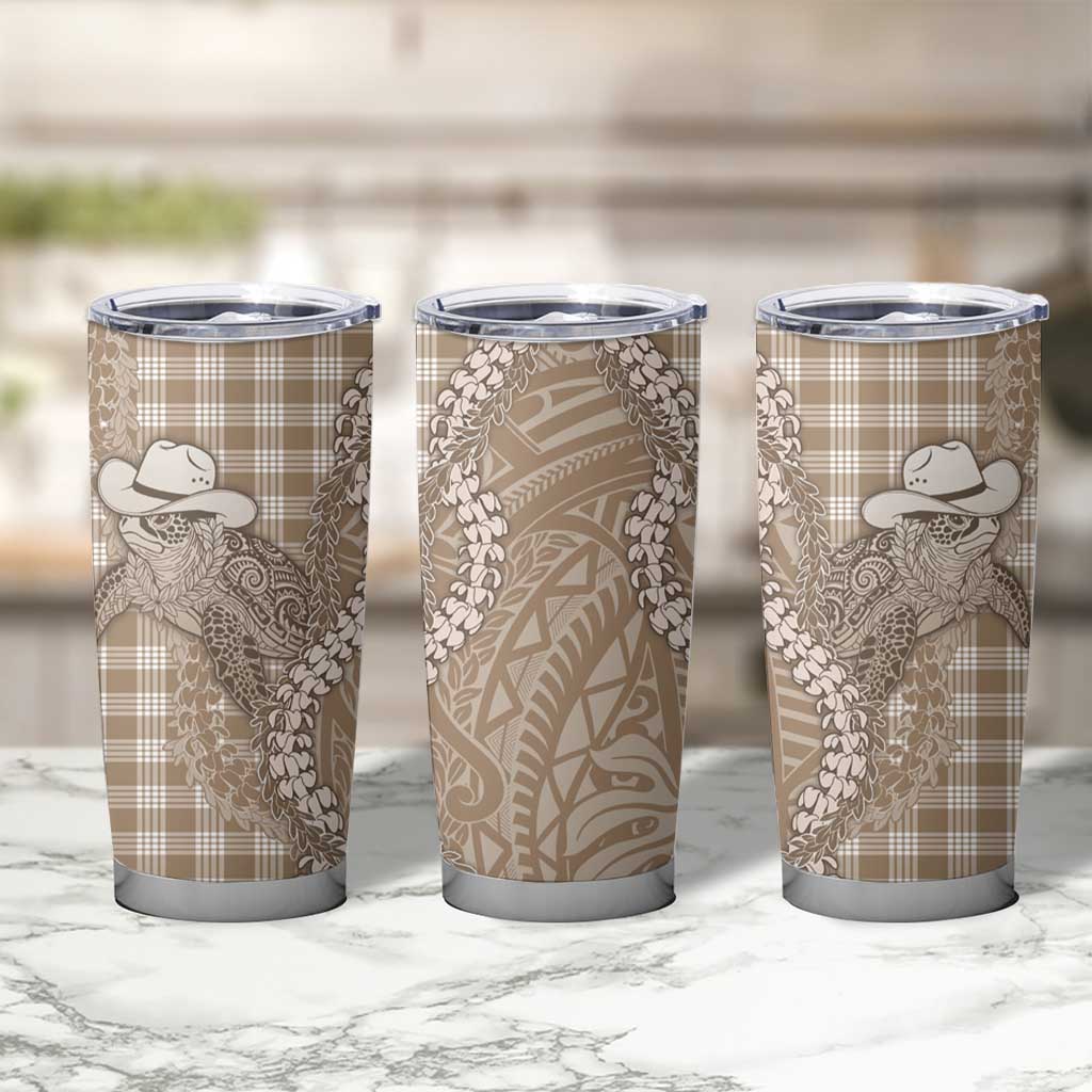 Beige Hawaii Palaka Cowboy Turtle Tumbler Cup Hawaiian Paniolo Puakenikeni Maile Lei - Polynesian Pride
