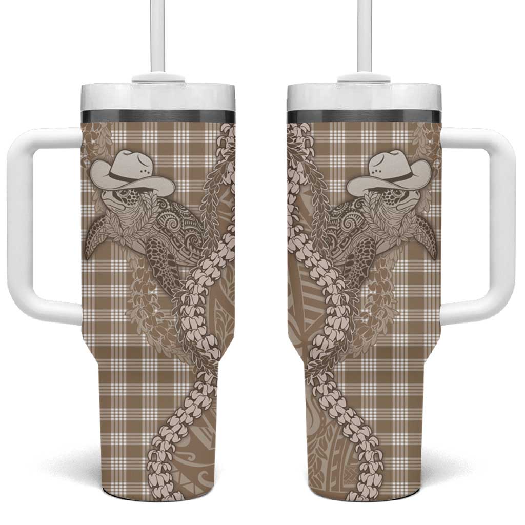 Beige Hawaii Palaka Cowboy Turtle Tumbler With Handle Hawaiian Paniolo Puakenikeni Maile Lei - Polynesian Pride