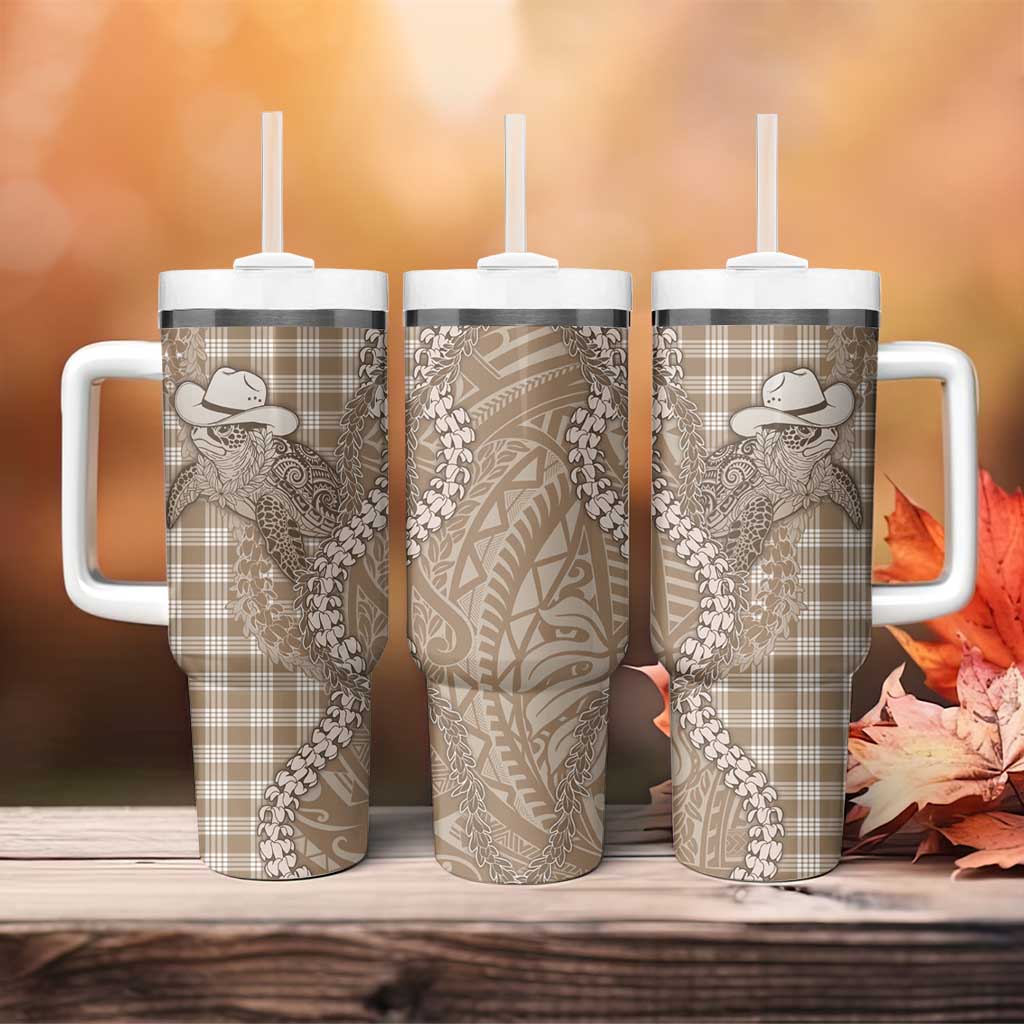 Beige Hawaii Palaka Cowboy Turtle Tumbler With Handle Hawaiian Paniolo Puakenikeni Maile Lei - Polynesian Pride