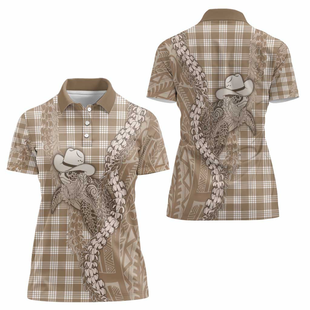 Beige Hawaii Palaka Cowboy Turtle Women Polo Shirt Hawaiian Paniolo Puakenikeni Maile Lei - Polynesian Pride