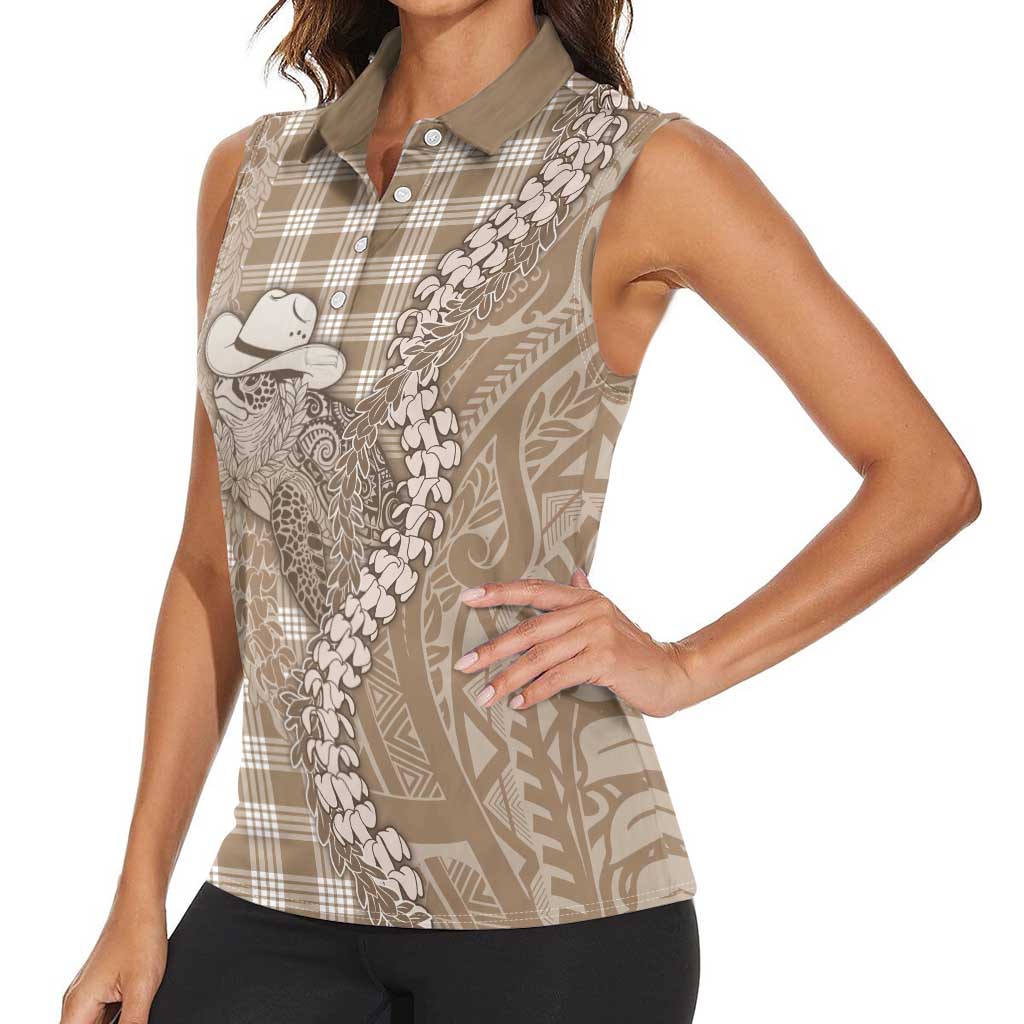 Beige Hawaii Palaka Cowboy Turtle Women Sleeveless Polo Shirt Hawaiian Paniolo Puakenikeni Maile Lei - Polynesian Pride
