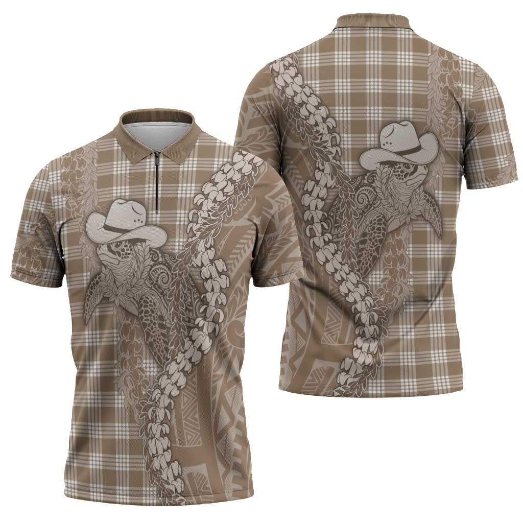 Beige Hawaii Palaka Cowboy Turtle Zipper Polo Shirt Hawaiian Paniolo Puakenikeni Maile Lei - Polynesian Pride