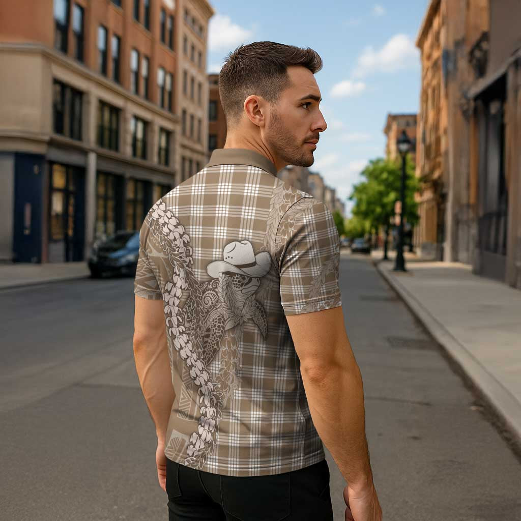 Beige Hawaii Palaka Cowboy Turtle Zipper Polo Shirt Hawaiian Paniolo Puakenikeni Maile Lei - Polynesian Pride