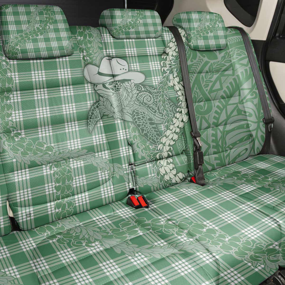 Green Hawaii Palaka Cowboy Turtle Back Car Seat Cover Hawaiian Paniolo Puakenikeni Maile Lei - Polynesian Pride
