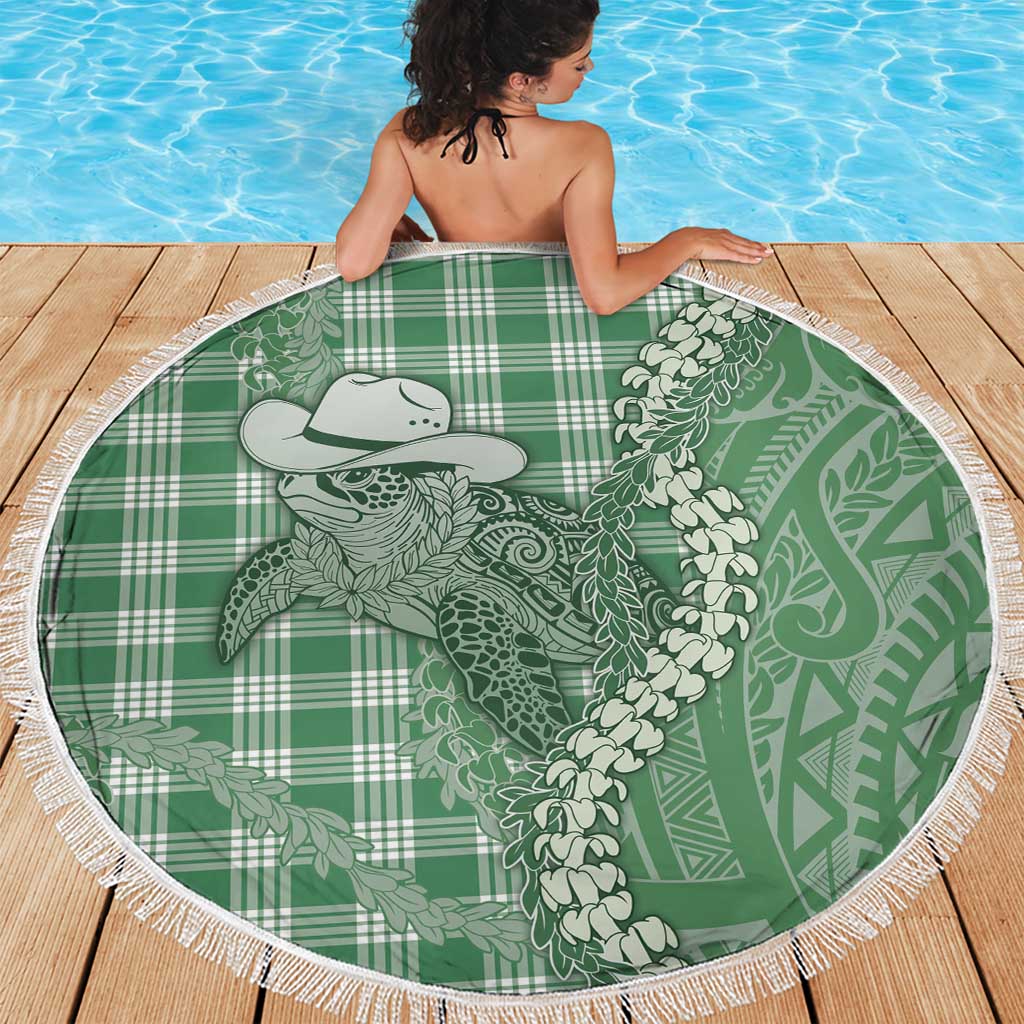 Green Hawaii Palaka Cowboy Turtle Beach Blanket Hawaiian Paniolo Puakenikeni Maile Lei - Polynesian Pride