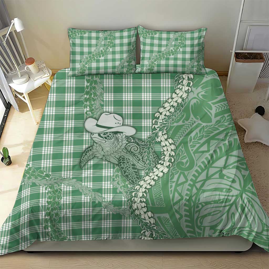 Green Hawaii Palaka Cowboy Turtle Bedding Set Hawaiian Paniolo Puakenikeni Maile Lei - Polynesian Pride