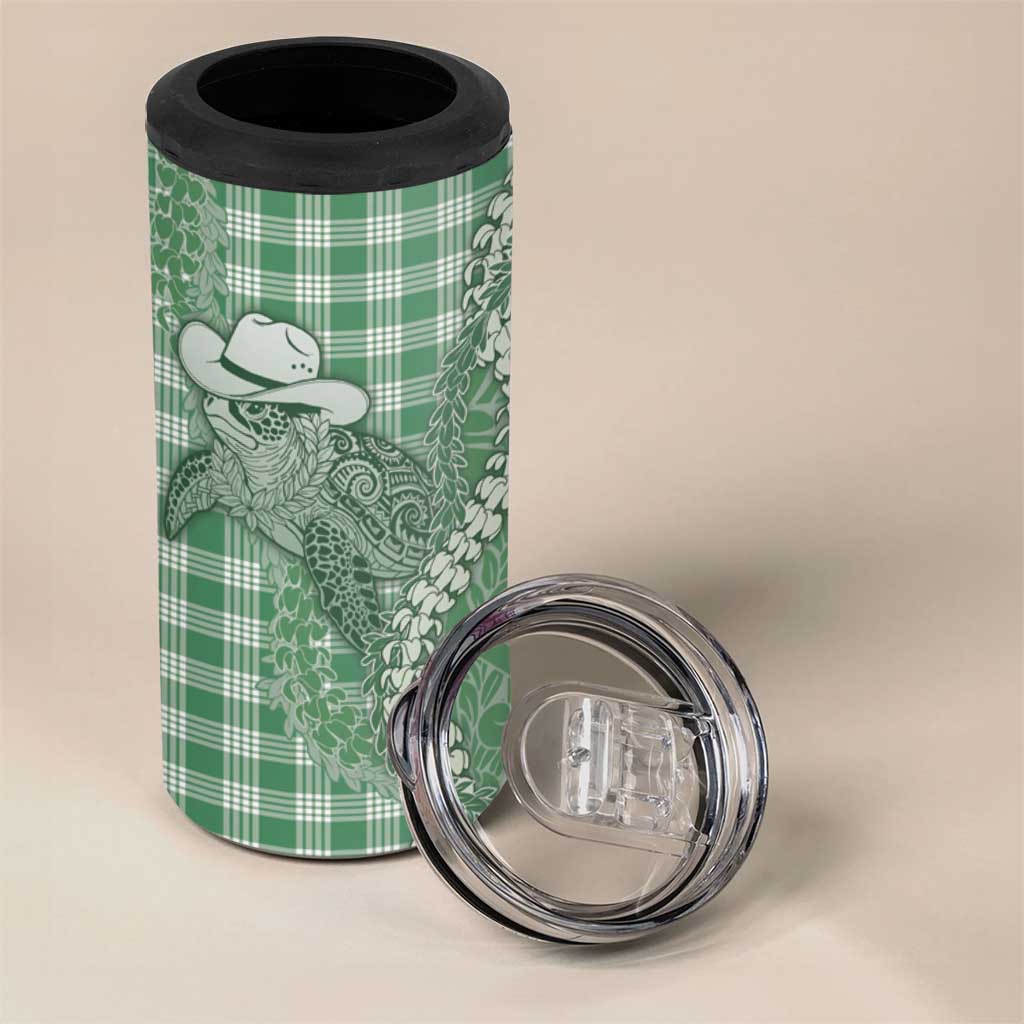 Green Hawaii Palaka Cowboy Turtle 4 in 1 Can Cooler Tumbler Hawaiian Paniolo Puakenikeni Maile Lei - Polynesian Pride