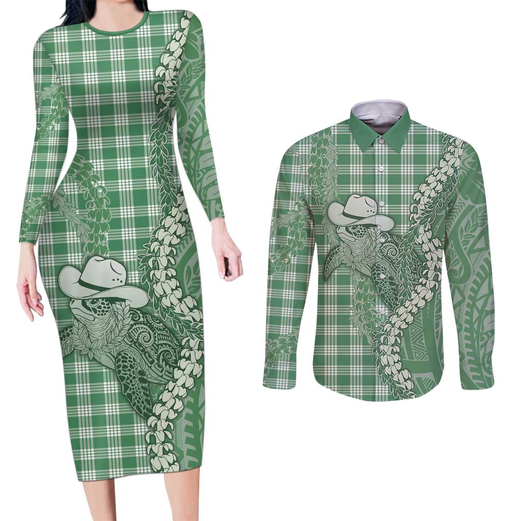 Green Hawaii Palaka Cowboy Turtle Couples Matching Long Sleeve Bodycon Dress and Long Sleeve Button Shirt Hawaiian Paniolo Puakenikeni Maile Lei - Polynesian Pride