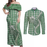 Green Hawaii Palaka Cowboy Turtle Couples Matching Off Shoulder Maxi Dress and Long Sleeve Button Shirt Hawaiian Paniolo Puakenikeni Maile Lei - Polynesian Pride