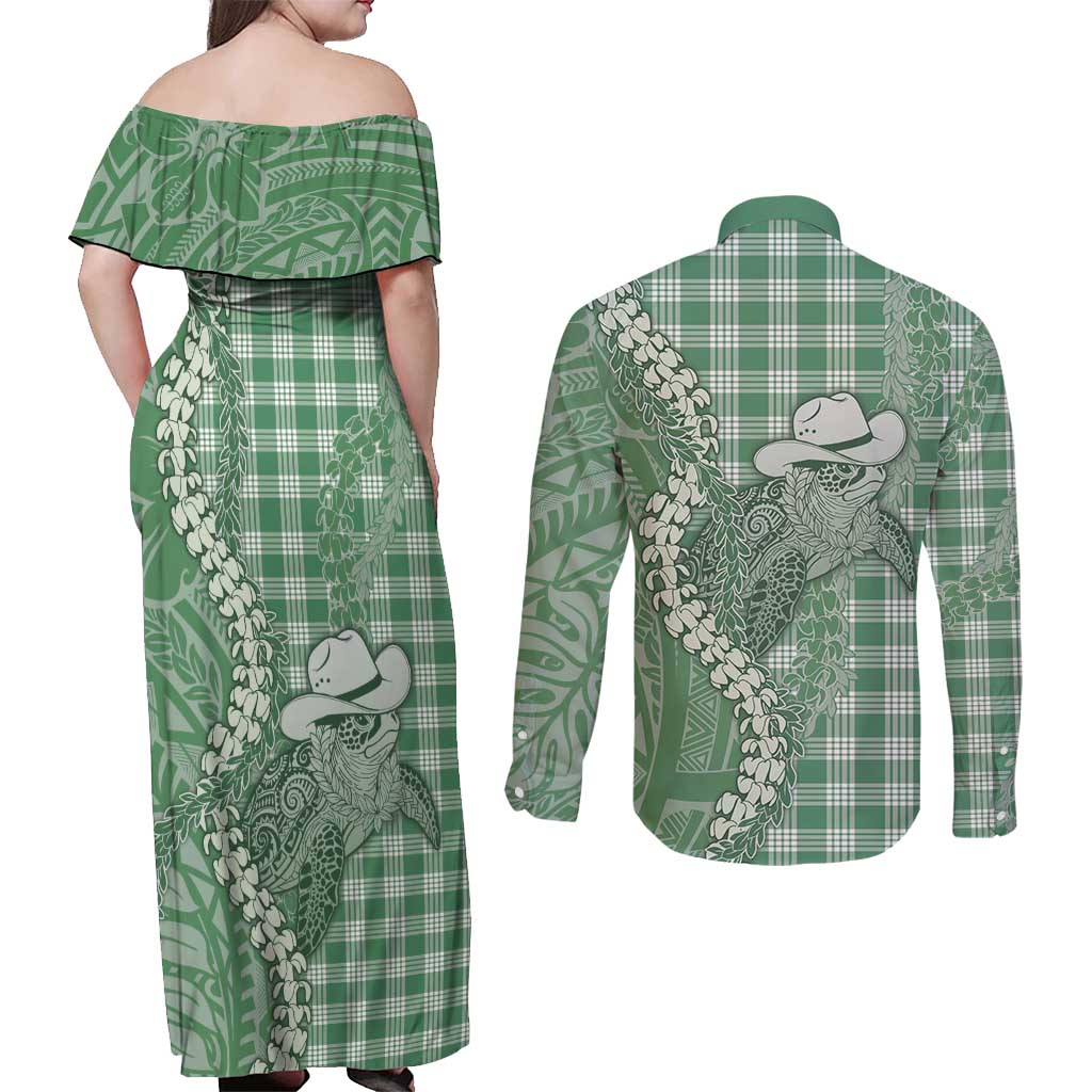 Green Hawaii Palaka Cowboy Turtle Couples Matching Off Shoulder Maxi Dress and Long Sleeve Button Shirt Hawaiian Paniolo Puakenikeni Maile Lei - Polynesian Pride
