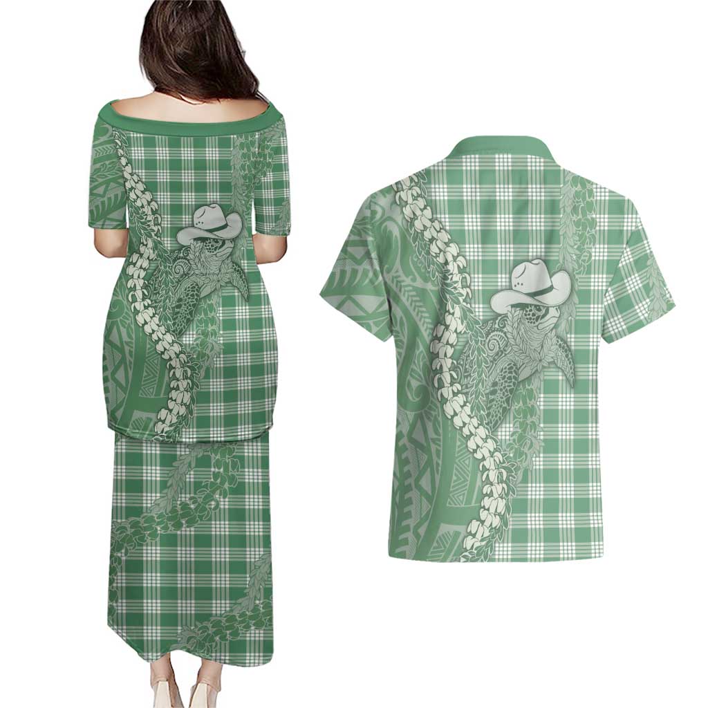 Green Hawaii Palaka Cowboy Turtle Couples Matching Puletasi and Hawaiian Shirt Hawaiian Paniolo Puakenikeni Maile Lei DT05 - Polynesian Pride