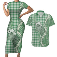 Green Hawaii Palaka Cowboy Turtle Couples Matching Short Sleeve Bodycon Dress and Hawaiian Shirt Hawaiian Paniolo Puakenikeni Maile Lei - Polynesian Pride