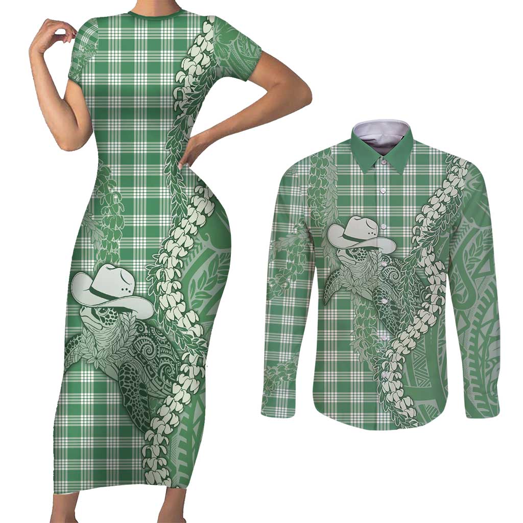 Green Hawaii Palaka Cowboy Turtle Couples Matching Short Sleeve Bodycon Dress and Long Sleeve Button Shirt Hawaiian Paniolo Puakenikeni Maile Lei - Polynesian Pride