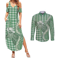 Green Hawaii Palaka Cowboy Turtle Couples Matching Summer Maxi Dress and Long Sleeve Button Shirt Hawaiian Paniolo Puakenikeni Maile Lei - Polynesian Pride