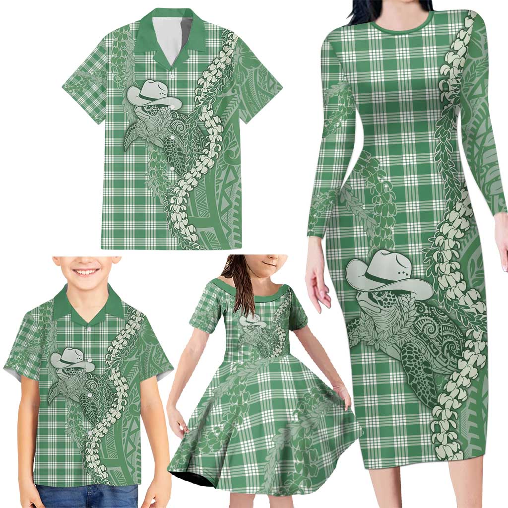 Green Hawaii Palaka Cowboy Turtle Family Matching Long Sleeve Bodycon Dress and Hawaiian Shirt Hawaiian Paniolo Puakenikeni Maile Lei - Polynesian Pride